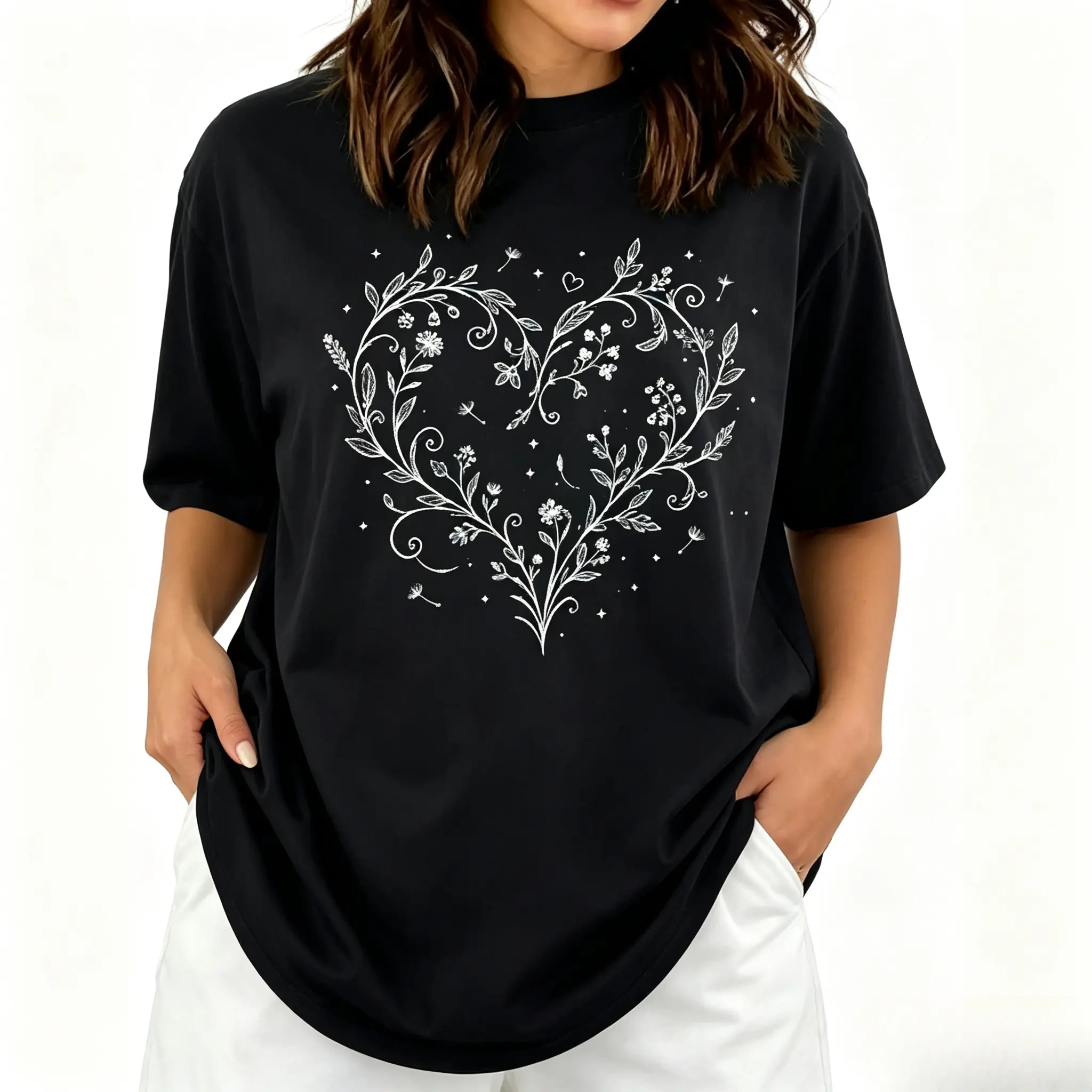 Floral Heart Wildflower T-Shirt, Botanical Dandelion Tee, Cottagecore Nature Lover Gift, Women's Garden Graphic Tshirt