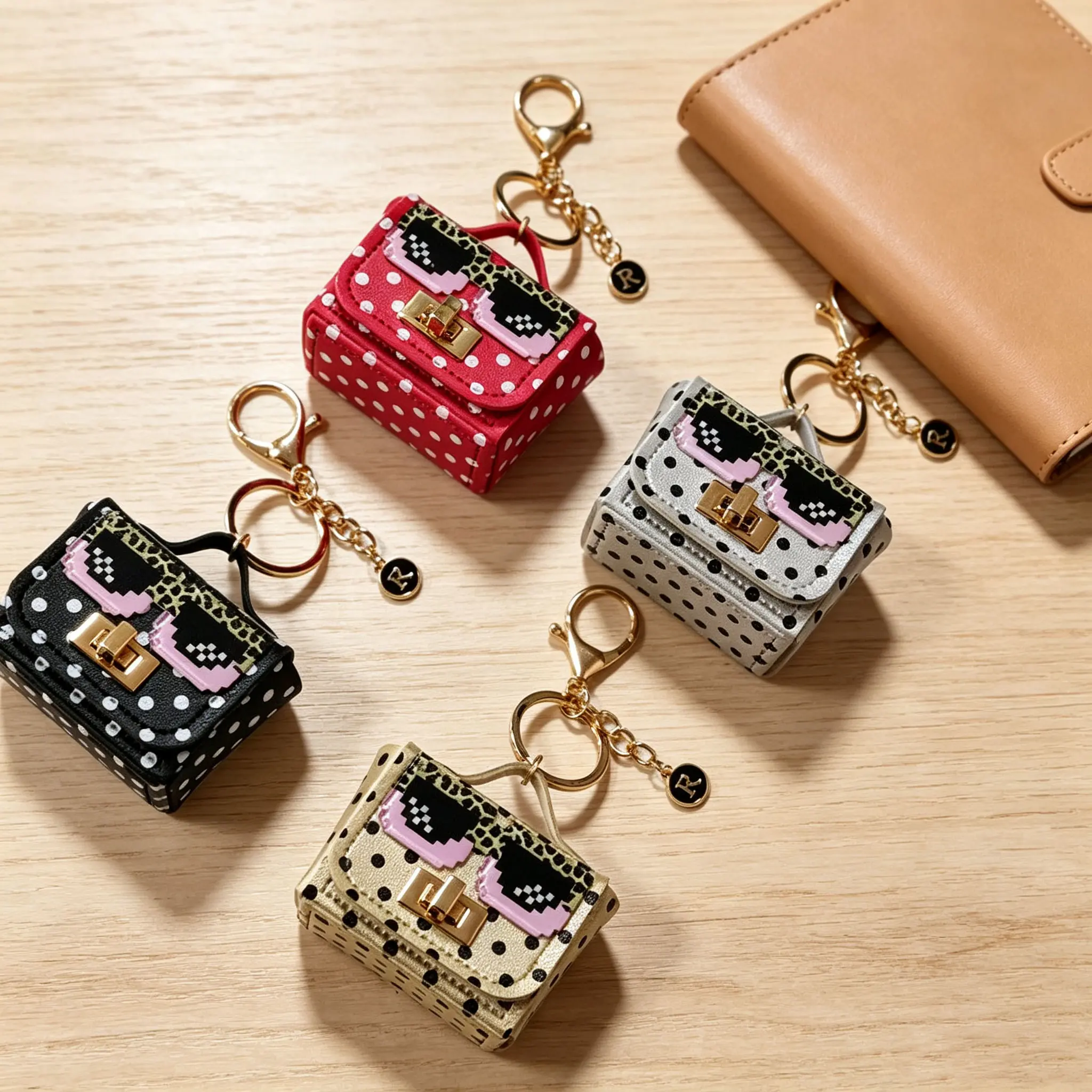 Polka Dot Robot Sunglasses Mini Bag Keychain - Kawaii Unisex Fashion Accessory, Portable Size Cute Charm, AirPods & Coin Holder, 4-Color (Red, Black, White, Beige) for Daily Use & Gifting, Kawaii Accessories