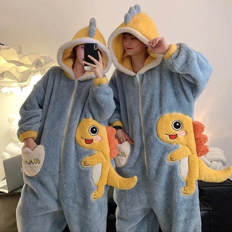 2025 New One-Piece Couple Flannel Hoodie Long Sleeve Pajamas for Autumn and Winter Coral Velvet Thickened Plus Velvet Cute Kangaroo Style Ladies and Men's