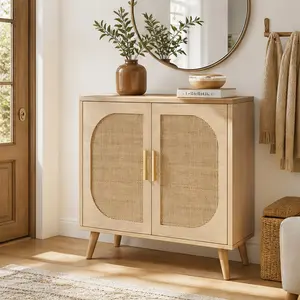 ARCH Natural Rattan Buffet Cabinet with Storage, 31.5"L x 11.8"W x 28.1"H Floor Sideboard Cabinet with 2 Doors and 4 Compartments, Particle Board Accent Cabinet with Solid Wood Feet for Bathroom, Hallway, Entryway, Living Room, Natural Color Options