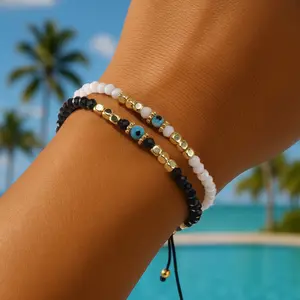 "Eye of the Demon" Couple Sporty Sports Wristbands: Black & White Crystal Beaded, Versatile Woven Bracelets