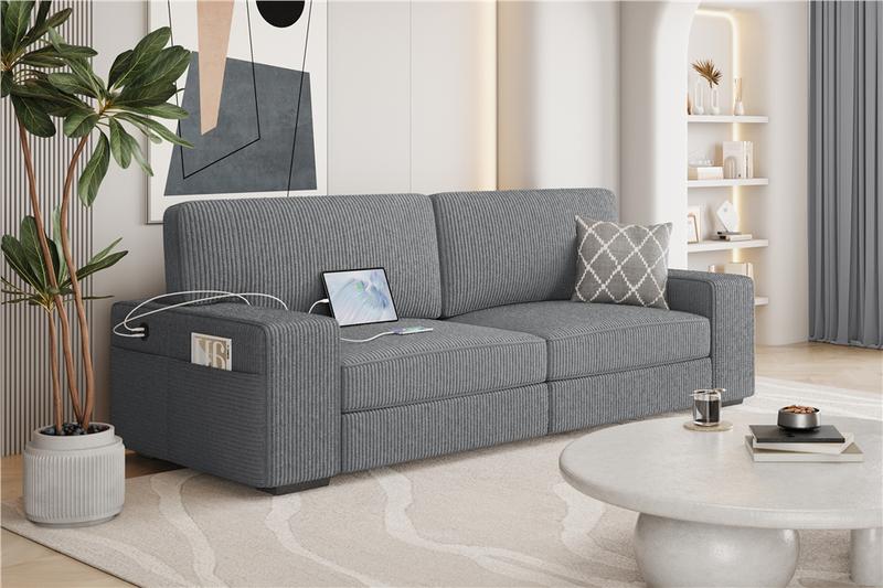 【2 Packages Delivery】Yaheetech Modern Corduroy Fabric Sofa Couch with Side Storage Pockets, USB Charging Ports, 83.5″ W 2-seater Upholstered Couch