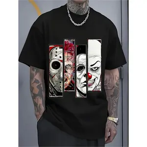 Men's Gothic Skull Portrait Graphic T-Shirt - 220gsm Heavyweight Short Sleeve Tee with Jason Voorhees, Freddy Krueger and Pennywise Heat Transfer Print - Edgy Streetwear for Horror Fans, Fashion and Casual Outfits (Regular Fit)