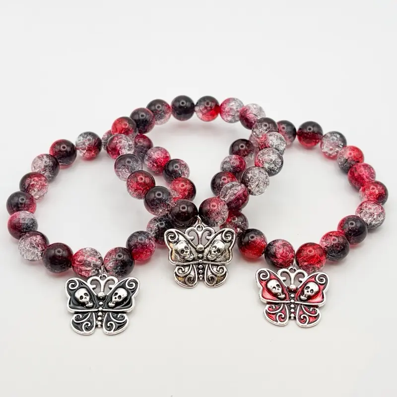 ST   Take me back to Eden song inspired bead bracelet winged insect, black,crimson, and white crackle lightweight acrylic beads