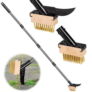 3-in-1 Crack Weeder & Moss Remover Brush with 66.5-Inch Adjustable Handle, Weed Puller with 2 Replaceable Brush Heads and Scraper for Deck, Patio, Walkway, Driveway Crevice Cleaning Tool