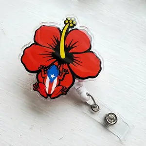 Flor de Maga Coquí Badge Reel, Puerto Rico ID Holder, Hibiscus Flower Badge Clip, Cute Nurse Gift, Retractable Badge Reel