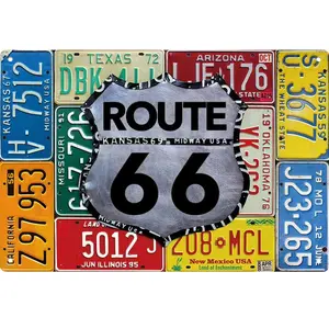 A metal tin plate with a Route 66 license plate, suitable for bars, cafes, and garage wall decorations. Its vintage style and 12*8 inch size make it an excellent gift choice.