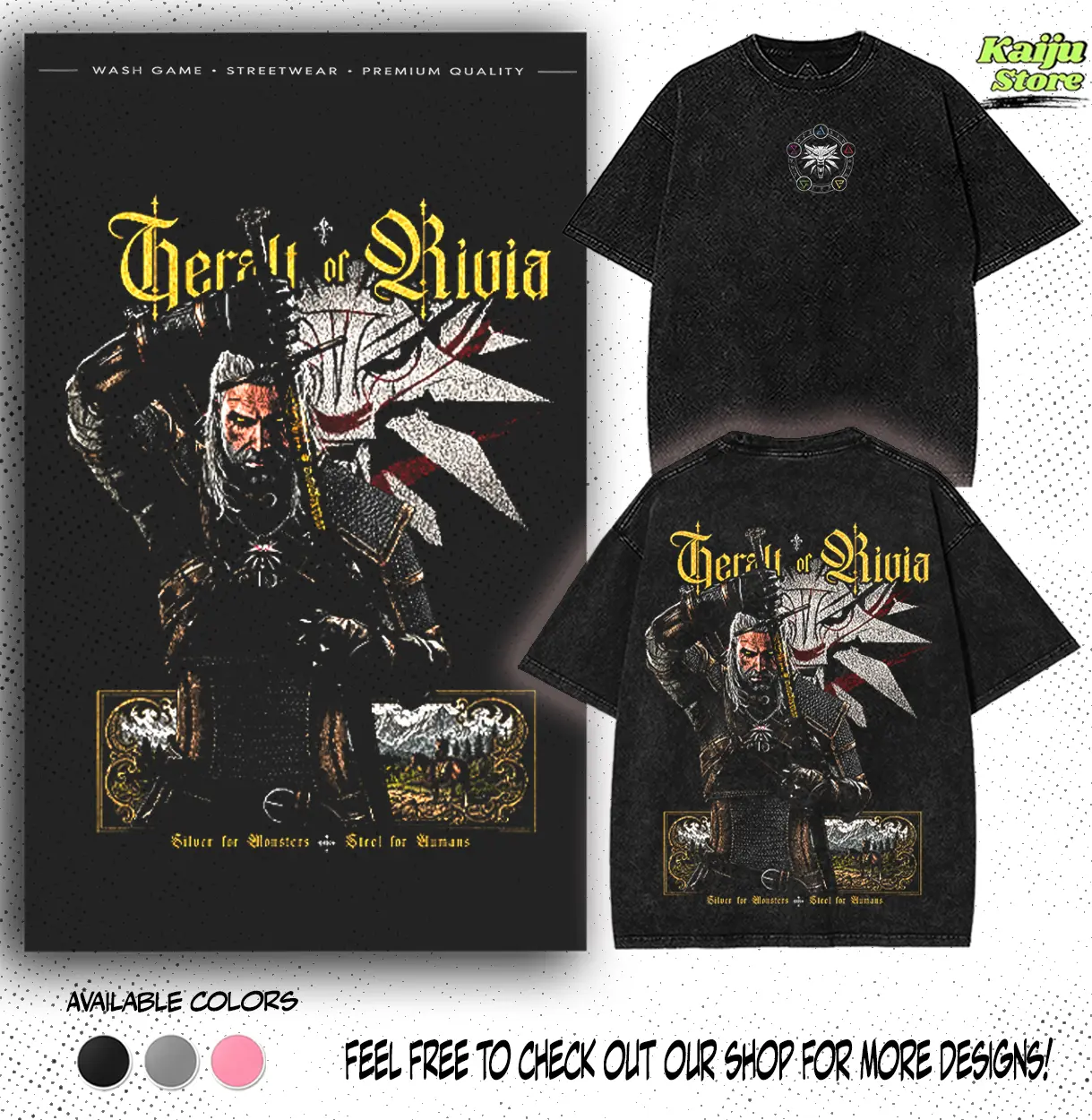 Geralt of Rivia The Witcher Vintage Washed T-Shirt, White Wolf Graphic Tee, Heavyweight Cotton Dark Fantasy Streetwear, Monster Slayer Fan Merch, Unisex Gamer Gift