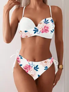 Women's Bikini Two-Piece Set, V-Neck Cross Knot Top, Low Waist Drawstring Swimwear, Tropical Print Swimsuit, Tropical Floral Print, Sweet Elegant Style, Beach Vacation, Floral Print Bikinis, Floral Print Swimsuits