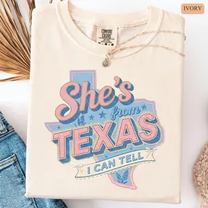 Comfort Colors She's From Texas Shirt, Country Graphic Shirt, Pink Texas Tee, Shes From Texas I Can Tell Shirt, Unisex Fitted Short Sleeve Tee, Crewneck Top
