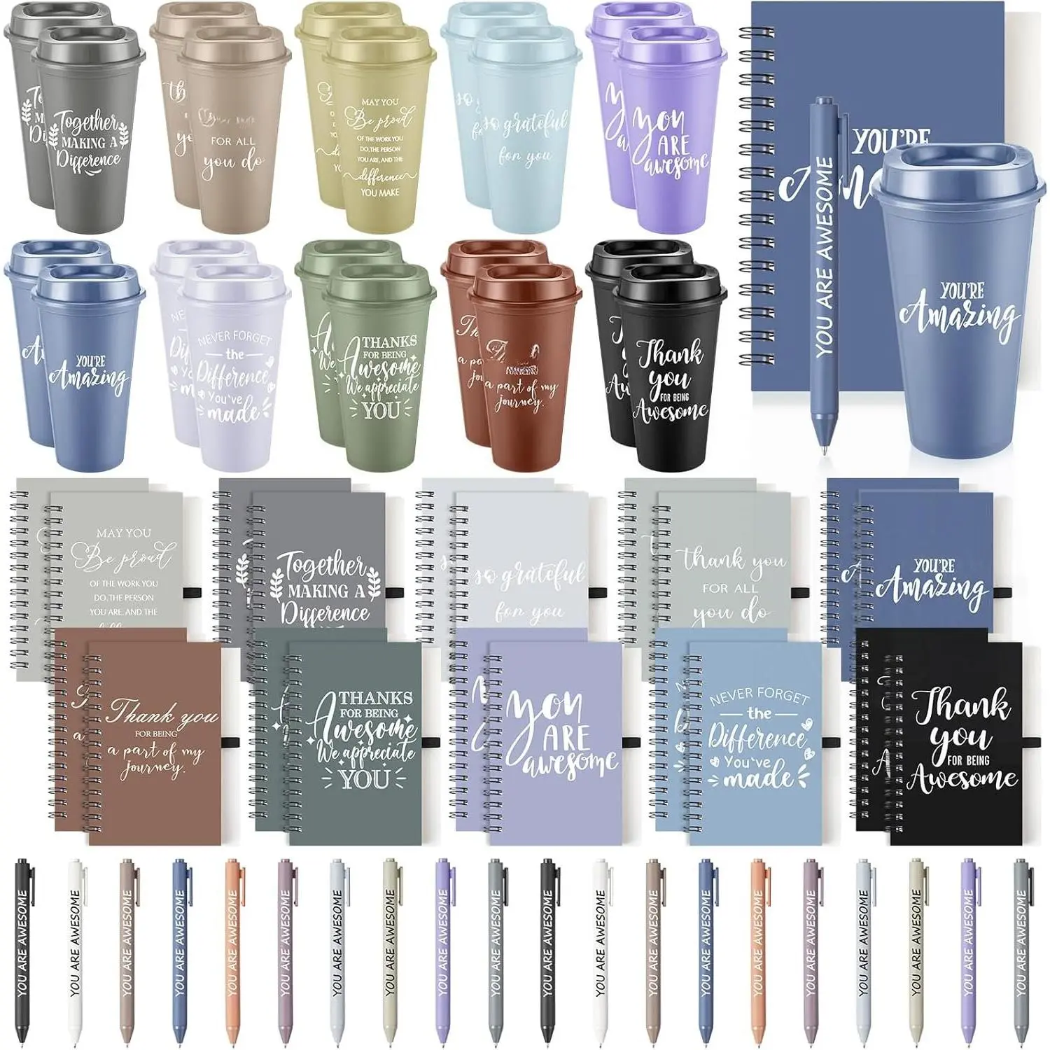60 count Employee Appreciation  Set, 16oz Tumbler with Lid Notebook Pen Bulk Thank You  Holiday Party Favor for Office Coworker Teacher Staff Team (Dark Color,Classic Style)
