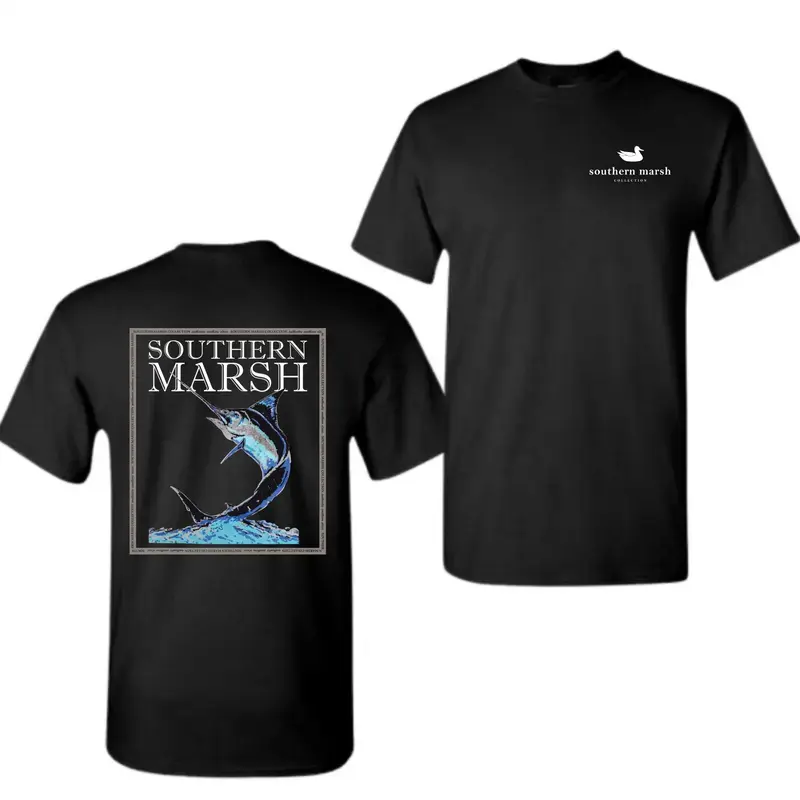 Unisex Southern Coastal Vintage Marlin T-Shirt, Classic Fit Lightweight Cotton Tee for Summer Fishing & Boating, Cargo, Casual, Denim, Breathable Fabric, Coastal Graphics