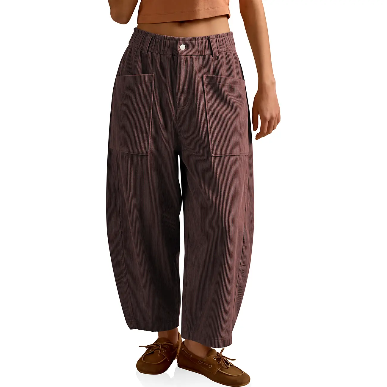 TARSE Women's Corduroy Barrel Harem Pants Casual Wide Leg Trousers with Elastic Waist and Side Pockets
