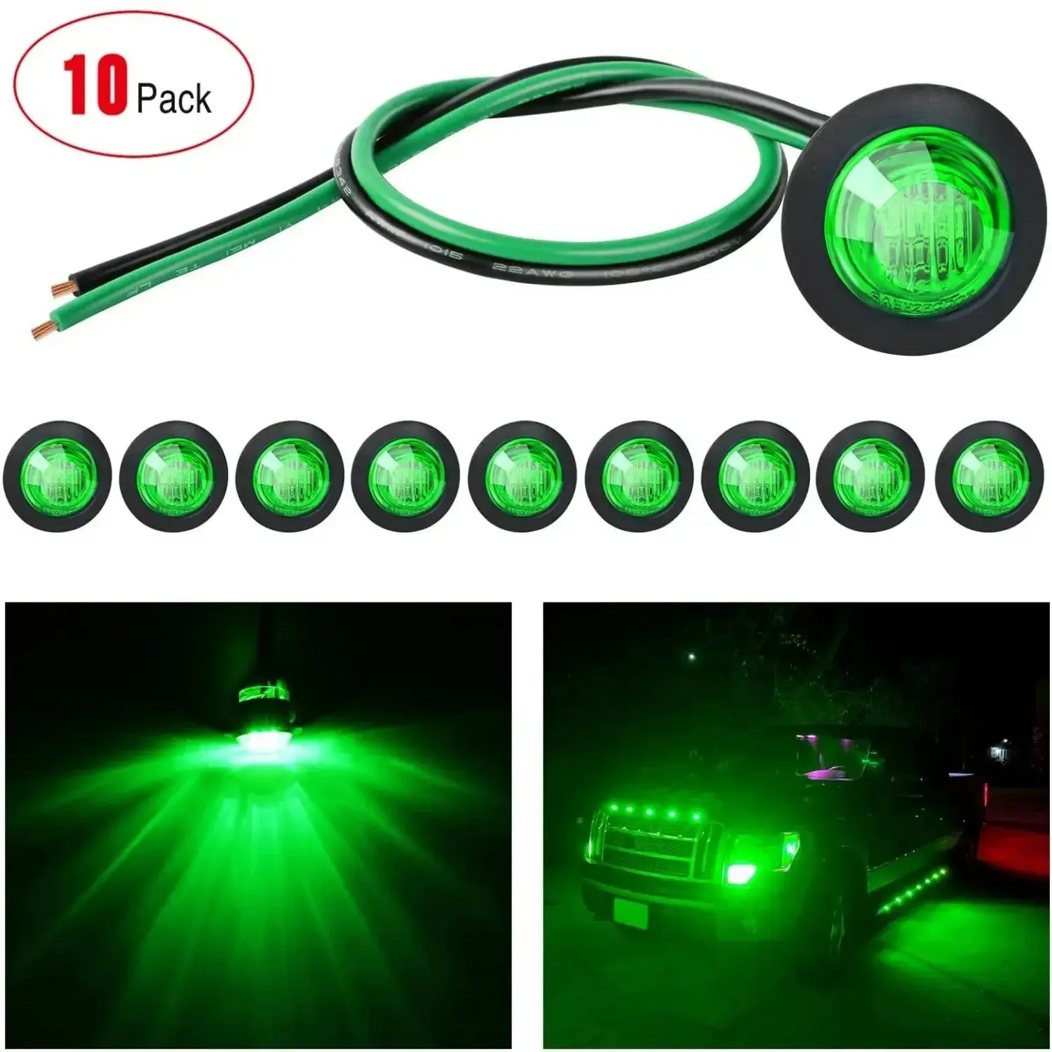 Nilight 3/4 in Green Round LED Marker Work Lights (10 Pcs) - Waterproof Clearance Trailer Kit, LED Lights Car Accessories for Automotive Use, Work Light Super Bright Led Truck Lightbar