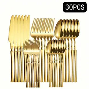 30-Piece Stainless Steel Cutlery Set – Knife, Fork, Spoon, Dessert Spoon & Fork, Durable Flatware for Home, Kitchen, Dining, Restaurant, Party & Everyday Use Tableware Wooden Gold