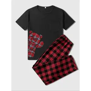 Men's two-piece set, bear patterned round neck sweater and checkered pants, casual and comfortable, available in multiple colorsRAIMENTRY