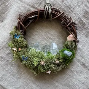 Crystal Moss Grapevine Wreath | Mini Boho Cottagecore Decor with Quartz Crystals, Mushrooms & Flowers