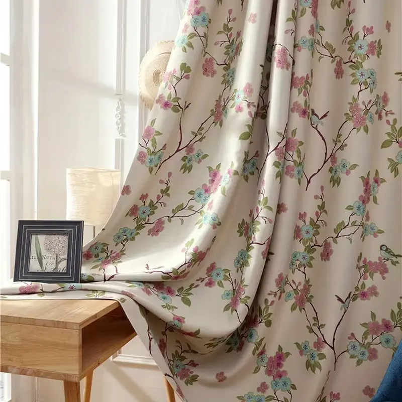 1pc American Country Floral, Light Background with Blue Flowers, Leaves & Bird Pattern, Ideal for Bedroom & Living Room, Home Decoration Curtain, Room Decor Curtain, Window Drapes, Home Decorative Curtain
