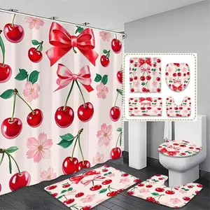 Cherry bow pattern shower curtain set, non-slip mat, U-shaped rug, toilet seat cover, perfect for bathroom decoration accessories, beautifies the space, includes 12 shower curtain hooks.
