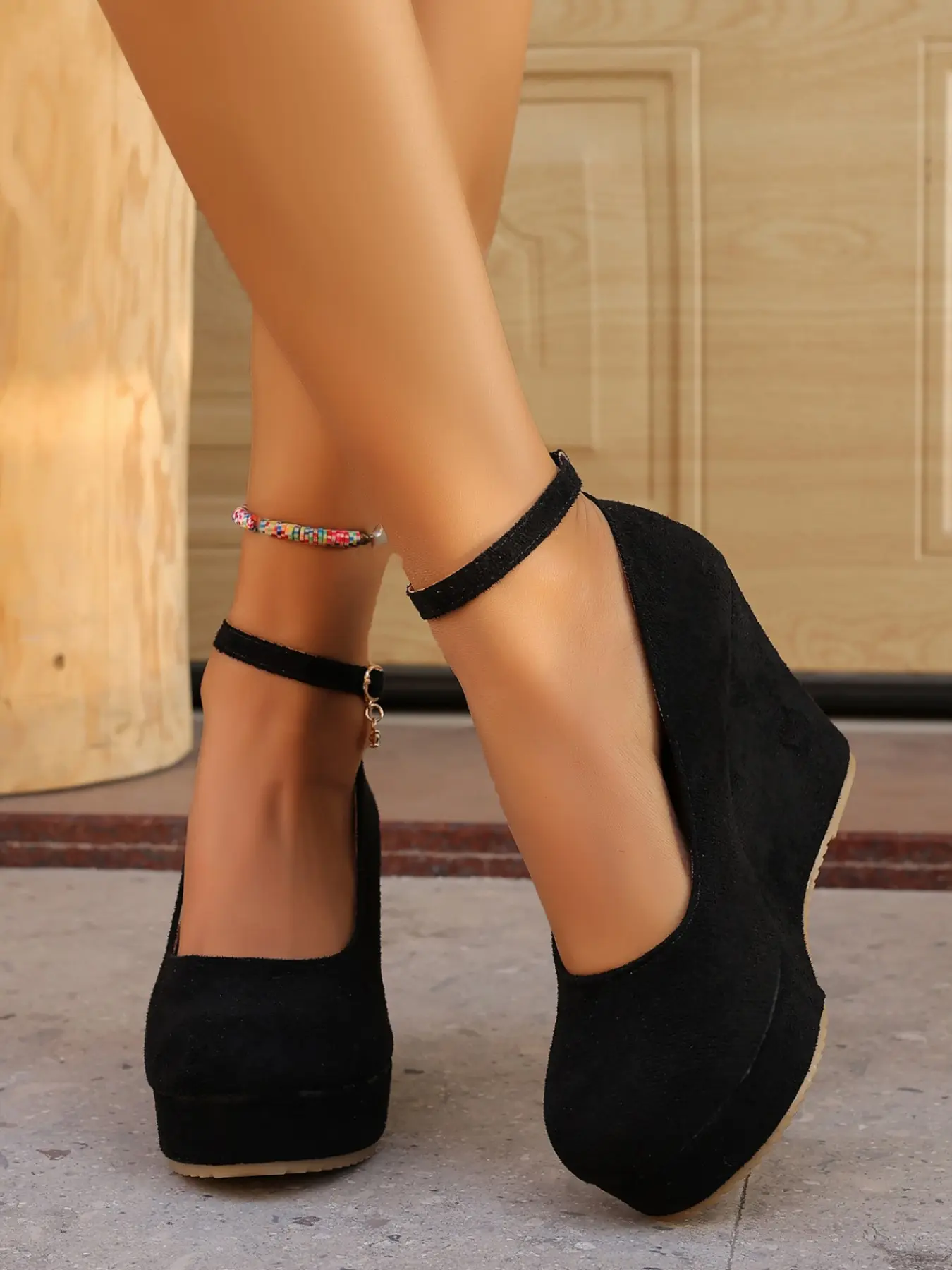 Fashion Wedge Heel Women's Shoes Spring Autumn New, One Strap Waterproof Platform High Heels Pearl Pendant Round Toe Slip-On