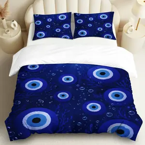 3PCS Duvet Cover Set, 1 Duvet+2 Pillowcases(Without filler), Evil Eye Blue Abstract Ocean Bubble Artistic theme, Halloween bedding set, Protective Eye Symbol Suitable for decoration bedroom, guest room, hotel, dorm, Bed Sets Supplies