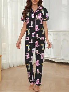 Women's Cartoon Print Pajama Set, Casual Fitted Short Sleeve Top & Elastic Long Pants, All-Season Home Wear, Cute Style