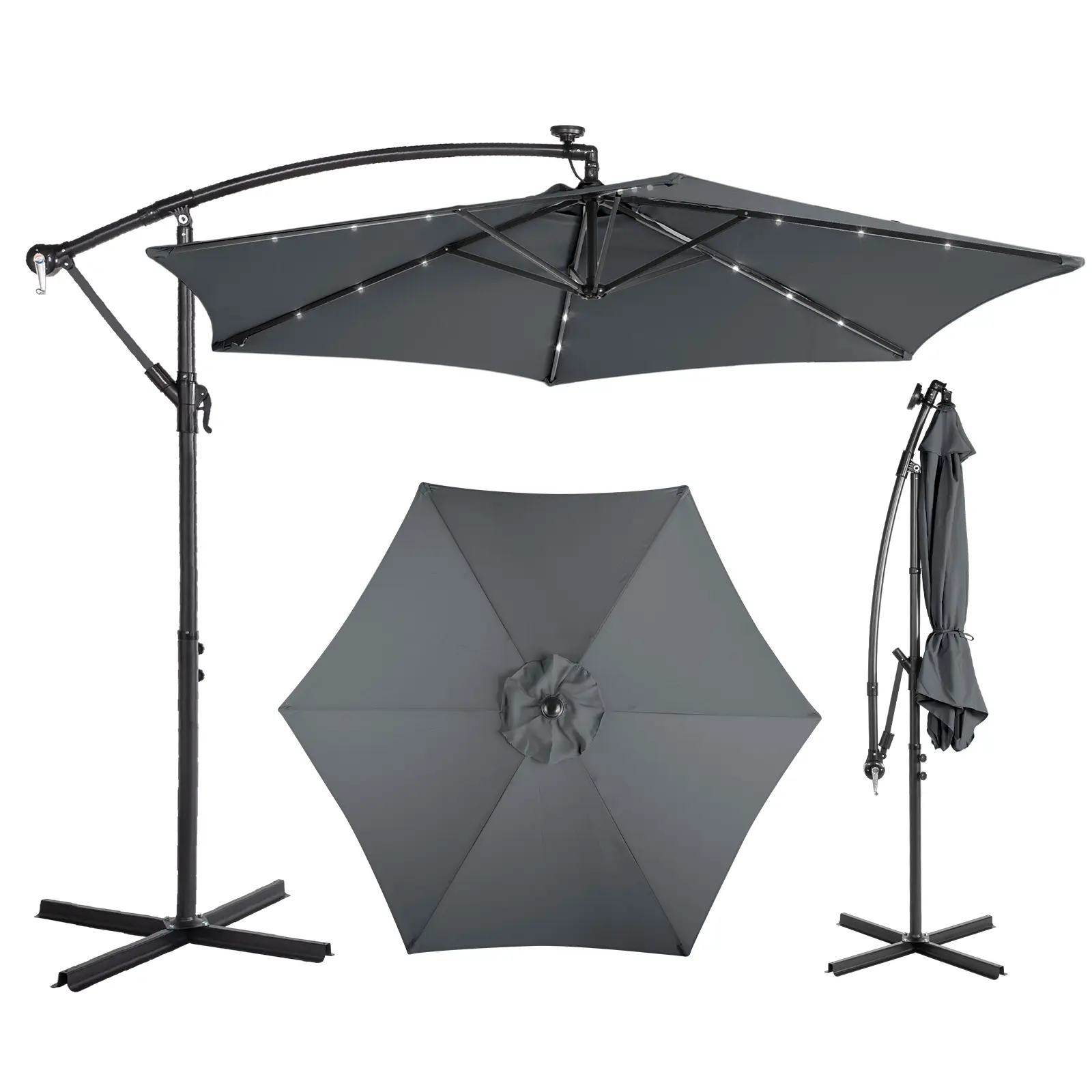 10FT Hanging Patio Umbrella with 18 LED Lights, Banana Cantilever Outdoor Umbrella with 6 Iron Ribs & Heavy Duty Pole, Waterproof Polyester Canopy with Base, Gray