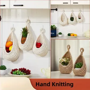 Hand-Woven Wall Hanging Storage Basket - Macrame Fruit & Vegetable Holder, Cotton Rope Nest Decor for Kitchen, Boho Home Organizer