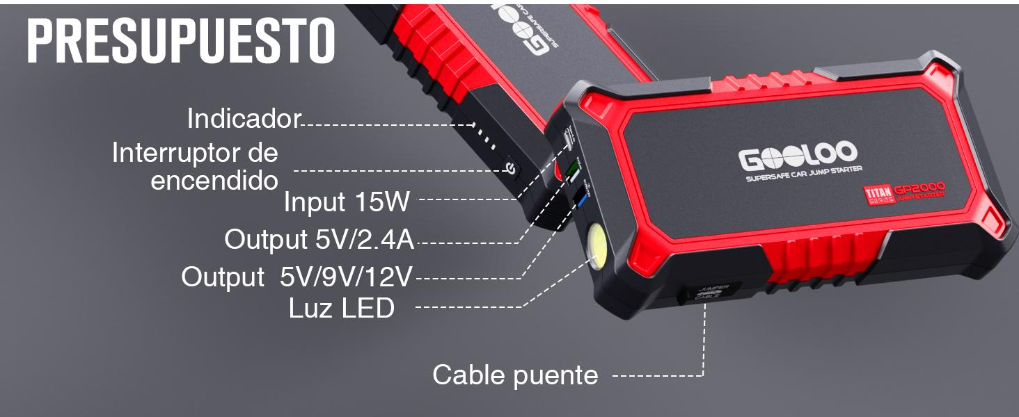 GOOLOO Nuevo arrancador GP2000, arrancador de puente para automóvil de 12 V 2000 A (hasta 8,0 L de gasolina, motores diésel de 6,0 L), cargador de batería portátil SuperSafe, paquete de refuerzo de caja de litio automático con carga rápida USB, rojo