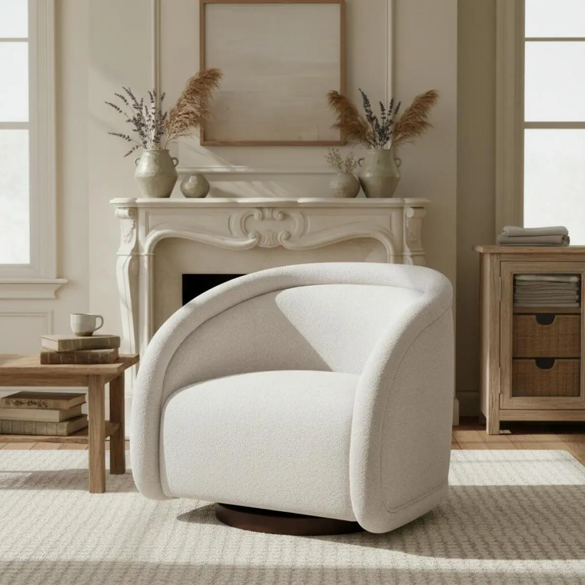 Scott Living Sabbo Beige Bouclé Armless Swivel Chair - Walnut-Finished Solid Wood Base, Contoured Wrap-Around Ergonomic Back, Reading-Ready, Durable Indoor Single Box Chair, 59.75 lbs, 30.50 x 31.50 x 29.50 in, Quick Assembly