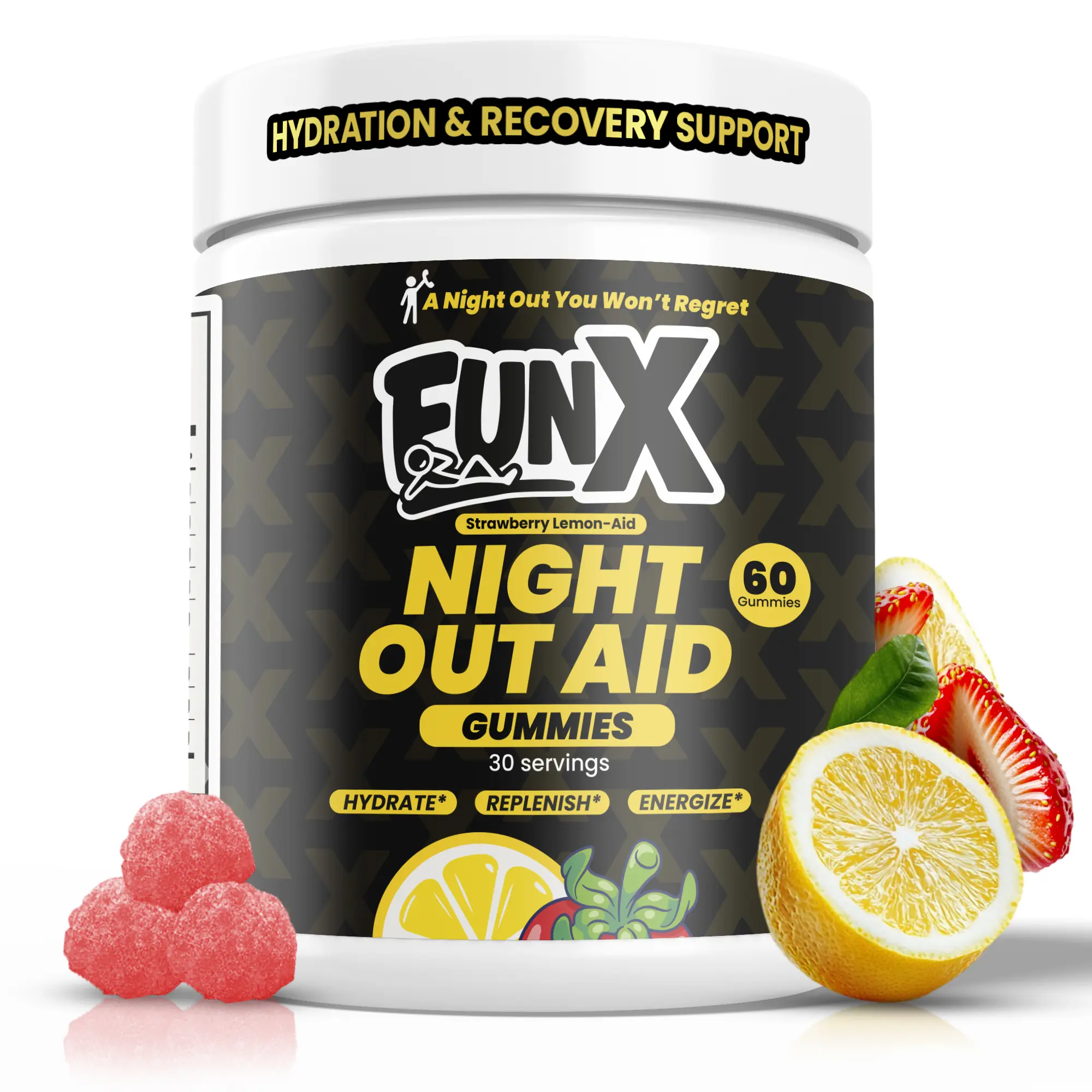 Fun X Night Out Aid Gummies Electrolytes DHM for Hydration and Liver Cleanse Detox Support Milk Thistle Vitamin B12 Ashwagandha Stress Relief Magnesium Glycinate Sleep Support Ginger 30 Servings