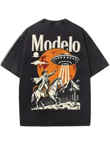 1 PCS Retro Washed Black Short Sleeve T-Shirt, Front Mini "Modelo" Print + Back UFO & Cowboy Desert Graphic, Sci-Fi Western Streetwear Style, 100% Cotton Unisex Oversized Tee, Casual Hangouts, Great Gift for Sci-Fi & Western Fans