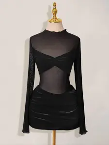 Women's Transparent Sheer Fashion Dress, Mesh Patchwork Long Sleeve Mini Dress, Elegant Draped Style, Stylish Ruched Design, Perfect for Casual Wear, Womenswear