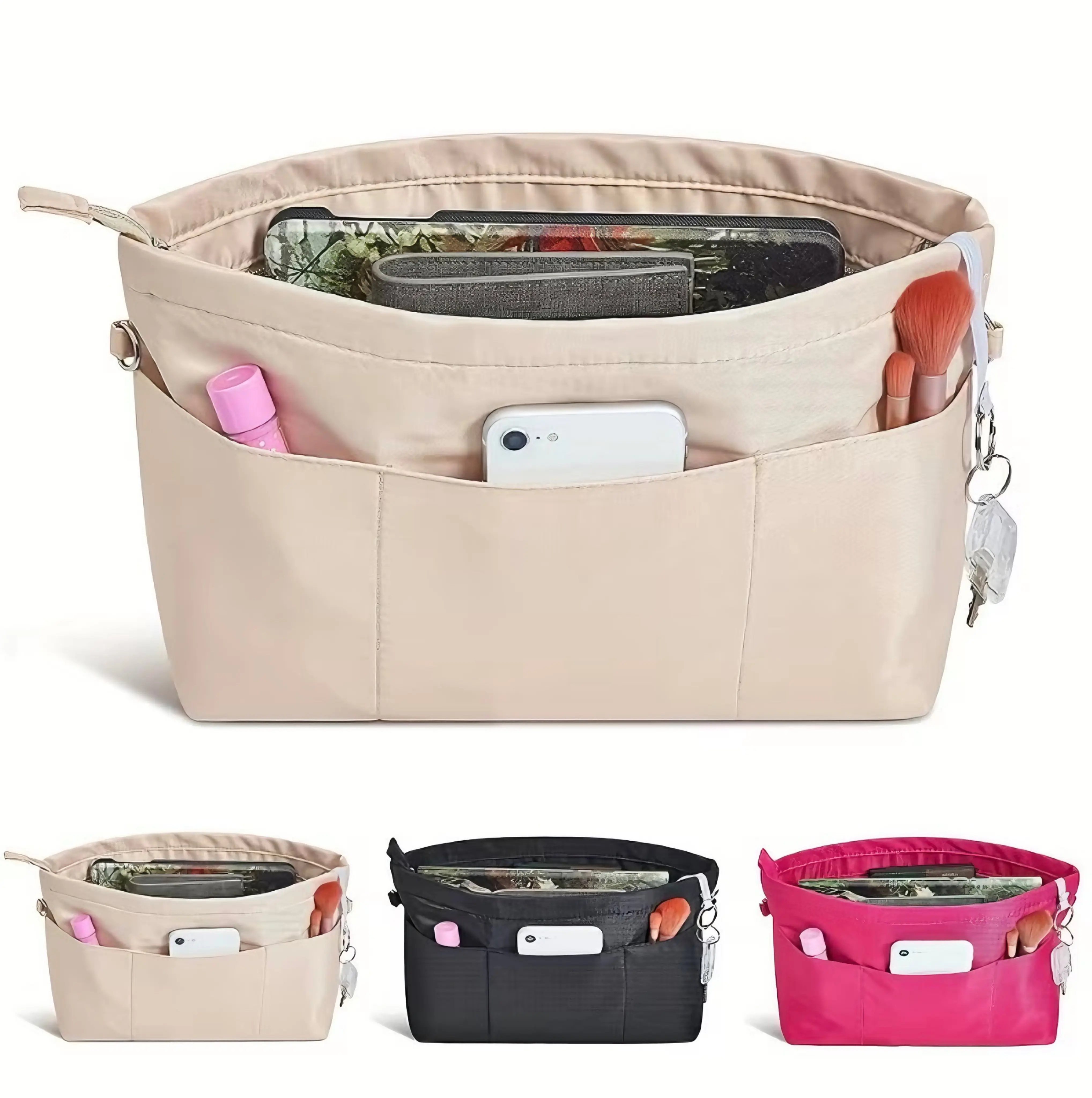 Nylon Tote Organizer Insert, 13-Pocket Purse Liner with Zipper, Handbag Divider, Portable Bag-In-Bag for Large Tote Purses