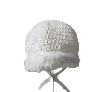 White Crochet Beanie with fur Brim. White Crochet Beanie with fur Brim.