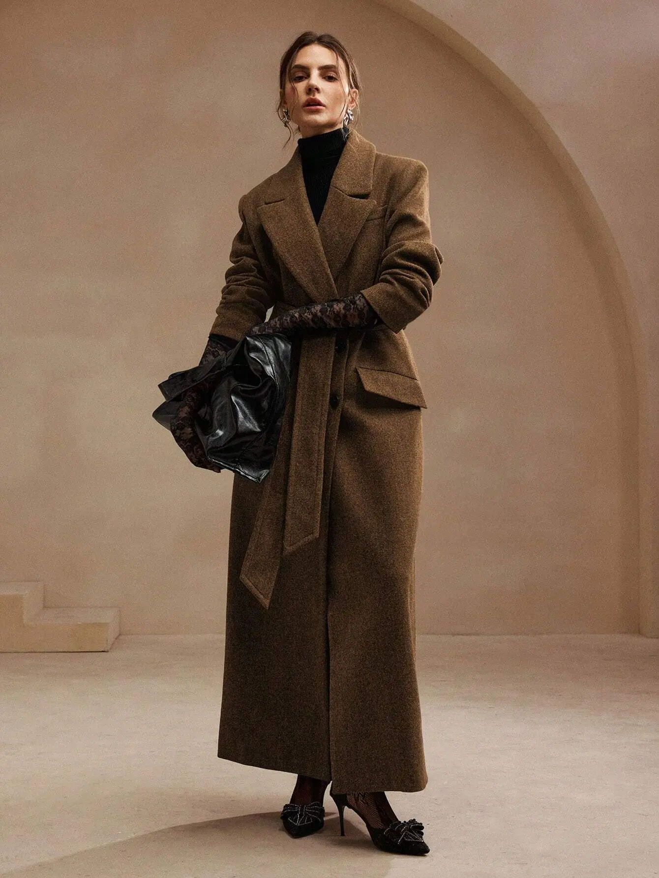Women's Elegant Brown Wool Blend Long Lapel Coat With Belted Waist And Pockets Winter Business Casual Trench Overcoat For Women Stylish Design