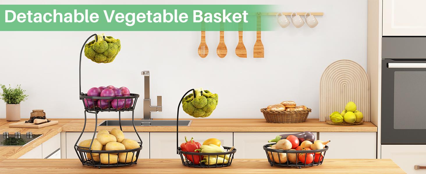 2-Tier Fruit Basket Bowl Stackable Vegetable Storage with Banana Tree Hanger Stand for Kitchen Countertop, Metal Wire Basket for Bread Onions Potatoes Black 2-Tier Fruit Basket Bowl Stackable Vegetable Storage with Banana Tree Hanger Stand for Kitchen Countertop, Metal Wire Basket for Bread Onions Potatoes Black