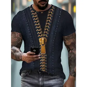3D Abstract Summer New Style Metal Zipper Pattern Short Sleeve Digital Print Design T-Shirt, Trendy Men'S Casual Fashion Top
