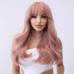 22 Inches | Rose powder | Daily Style | Curly Hair With Hair Bang | Synthetic Full Machine Wigs | SM7254