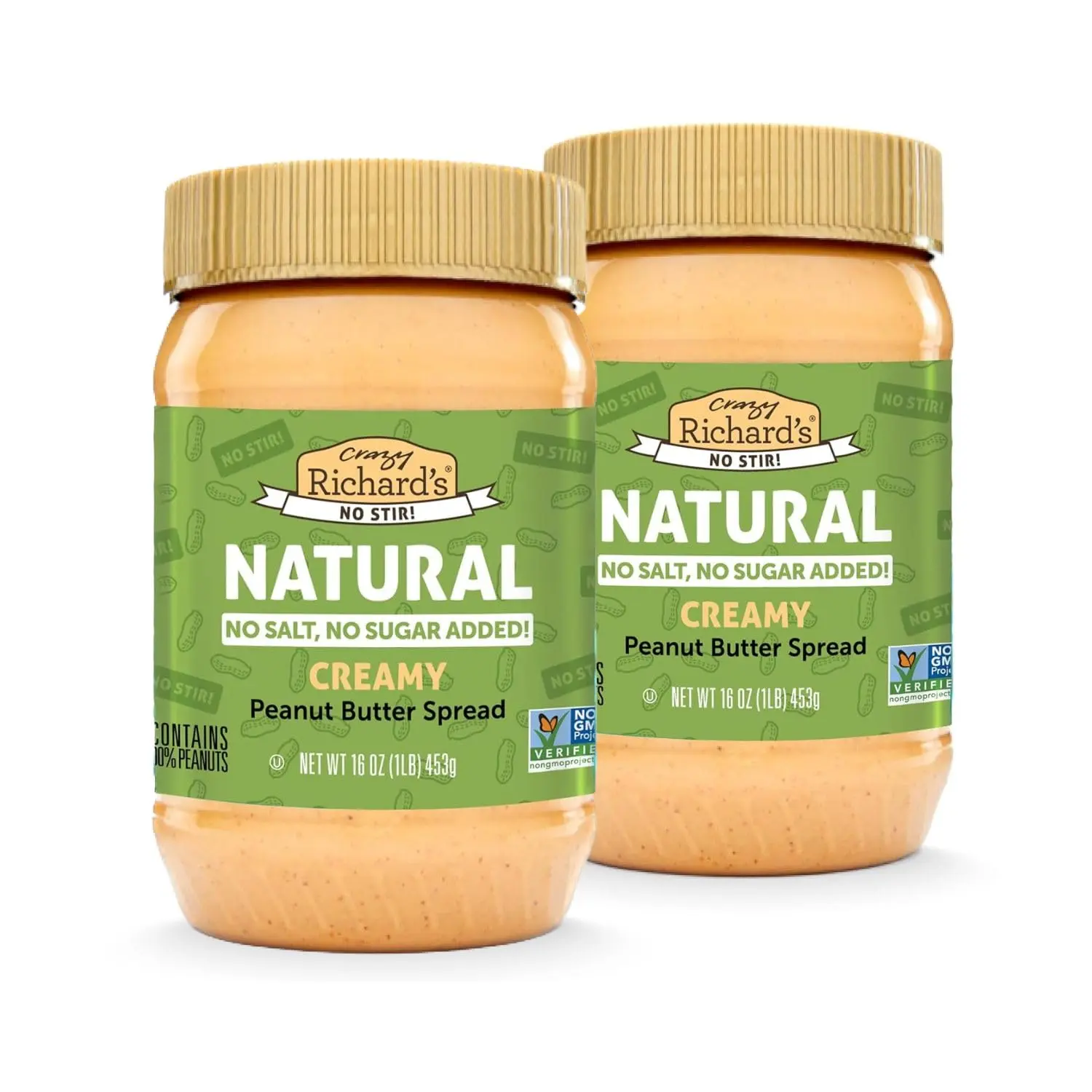 Crazy Richard's Creamy No-Stir Peanut Butter, No Added Salt, Sugar-Free & Preservative-Free, 16 oz, Pack of 2