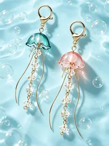 Jellyfish tassel keychain, women's creative jellyfish shaped bag pendant - blue and pink transparent pendant, ocean themed accessory, suitable for handbags and wallets