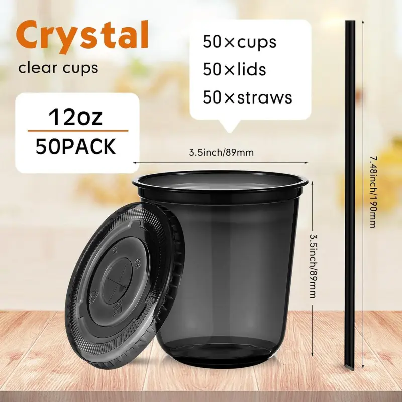 50 Set 12 oz Clear Plastic Cups with Lids and Straws, PET Disposable Iced  Coffee Cups for Drinking Cold Beverage Juice Parfait Smoothie Milkshake  Coffee Shops Party Supplies(Black) - TikTok Shop