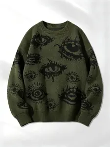 Men's Round Neck Knit Sweater, Eye Pattern Design, Casual Daily Wear, Comfortable Fit, Long Sleeve, Loose-Fitting, Fall & Winter