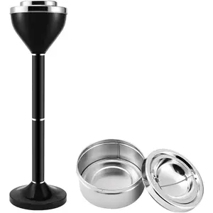 Anfrere Standing Ashtray for Patio, Large & Tall Outside Ash Tray for Cigarette Butt Receptacle Disposal, Commercial Metal Smokers Cigar Ashtrays Container with Lid, Polished Black, B01BK