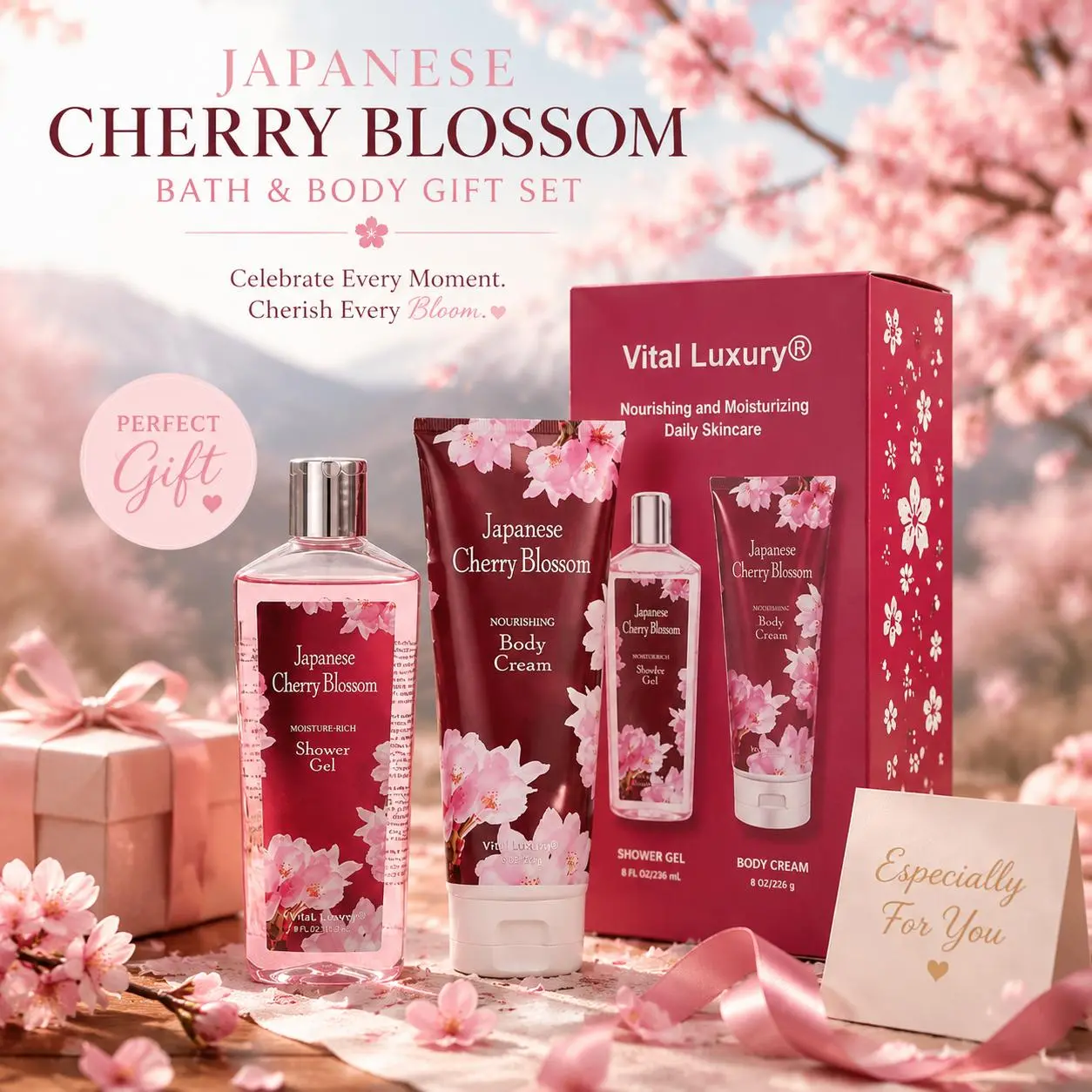 Gift for Mom, Girlfriend & Bestie! Vital Luxury Japanese Cherry Blossom Body Care 2-Piece Gift Set - Full Size Mix & Match (Body Lotion with Shower Gel or Fragrance Mist) Skin Repair Cosmetic