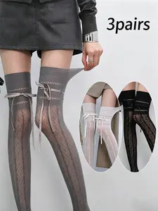 3 Pairs Women's Cute Bowknot Lace Thigh High Stockings, Beautiful Diamond Pattern, Perfect for Lolita and Jk Styles, Floral Design