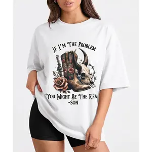 Western Cowgirl Style Graphic Print Women's TShirt with the Phrase If I'm The Problem You Might Be The Reason Casual Crew Neck Short Sleeve Top for Spring and Summer Cowboy Print Tee