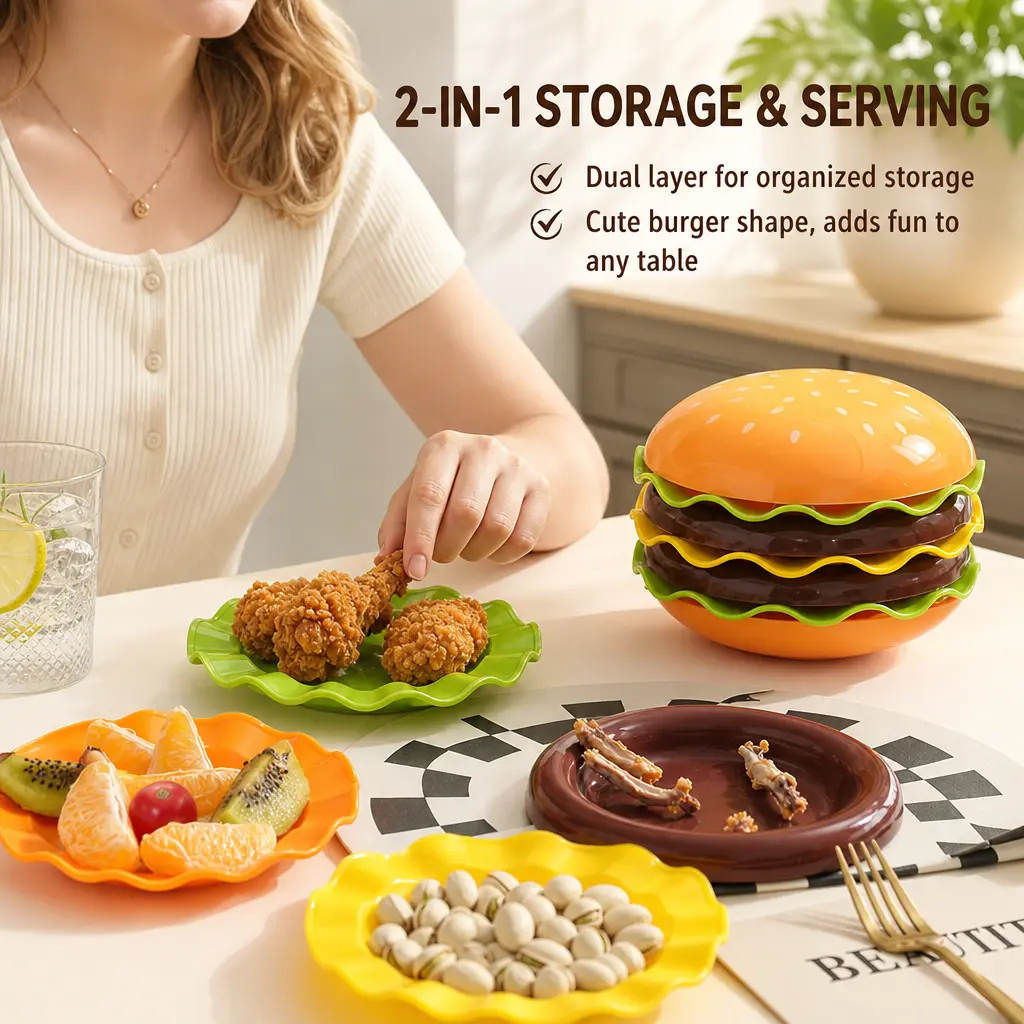 1 Count, 5 Layers Hamburger Shaped Stackable Plates, Multi-color Food Trays for Serving Snacks Fruits and Food Waste in Home Kitchen Daily Use
