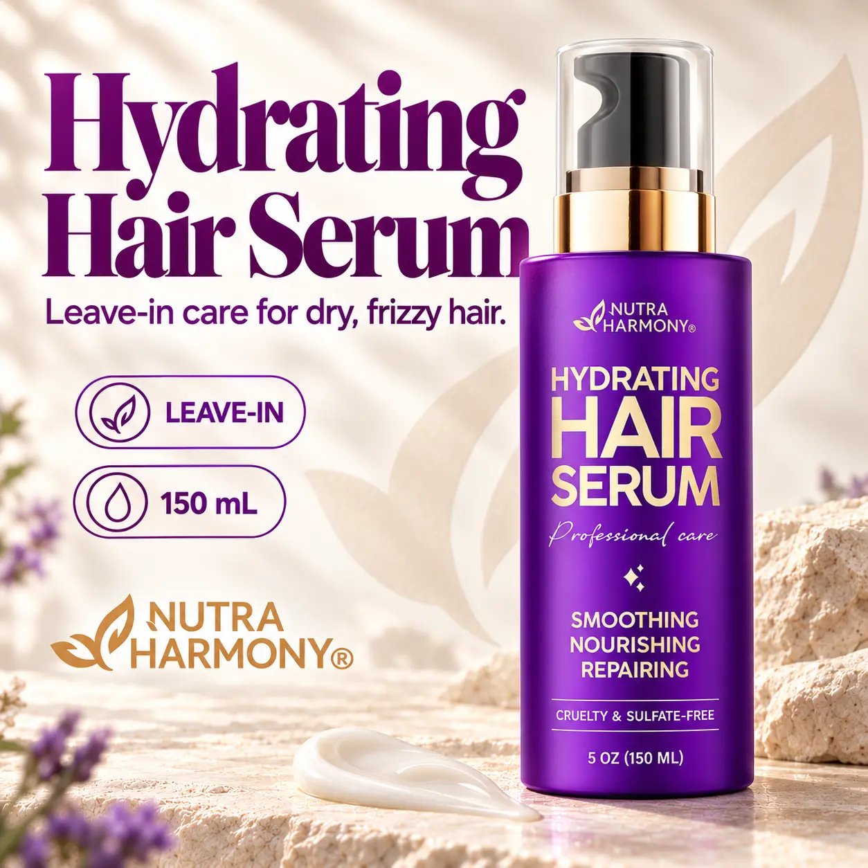 NUTRAHARMONY Hydrating Hair Serum For Frizzy, Dry and Damaged Hair - Leave-In Conditioner with Keratin | Biotin | Castor & Rosemary Oils | Vitamins B & E Treatment - Heat Protection - Paraben & Sulfate Free