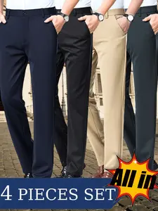 4-Pack, Men's Business Casual Pants, High Elastic, Skin-Friendly, Drapey, Structured, Anti-Deformation, Wrinkle-Resistant, No-Iron, Easy Care, Straight Leg, Slimming, For All Body Types, Office, Daily, Business Meetings